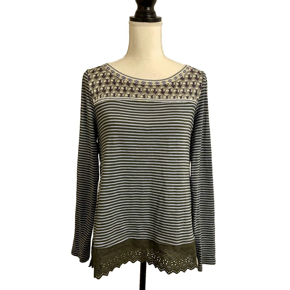 Little Yellow Button Anthropologie Tunic Top Blue Stripe Floral Mixed Media Sz M